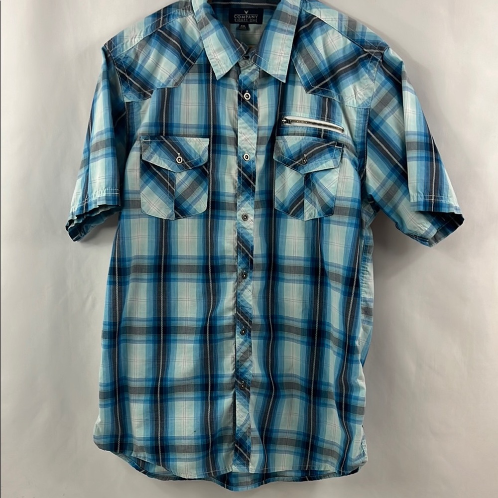 Company Eighty One Blue Plaid‎ Short Sleeve Button Down Pocketed Shirt Size 2XL